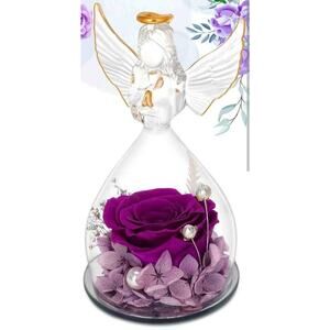 Preserved Flower Angel Figurine Purple Rose, New in Box